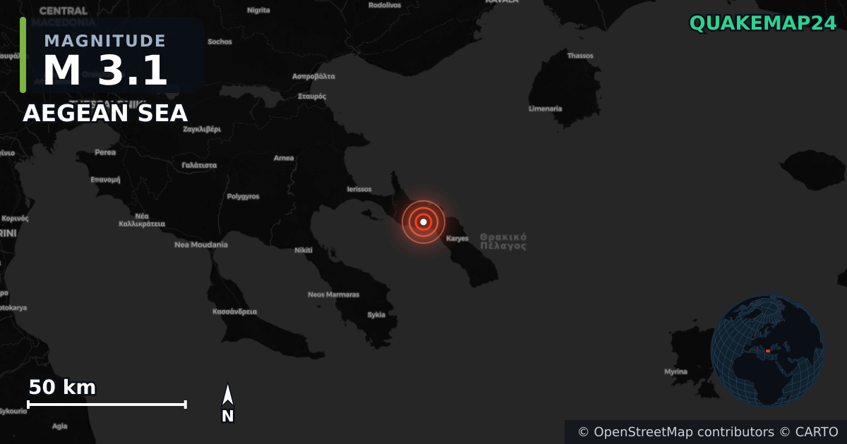 M3.1 earthquake near AEGEAN SEA on Sep 27, 2025 — map of epicenter and shaking intensity | QuakeMap24