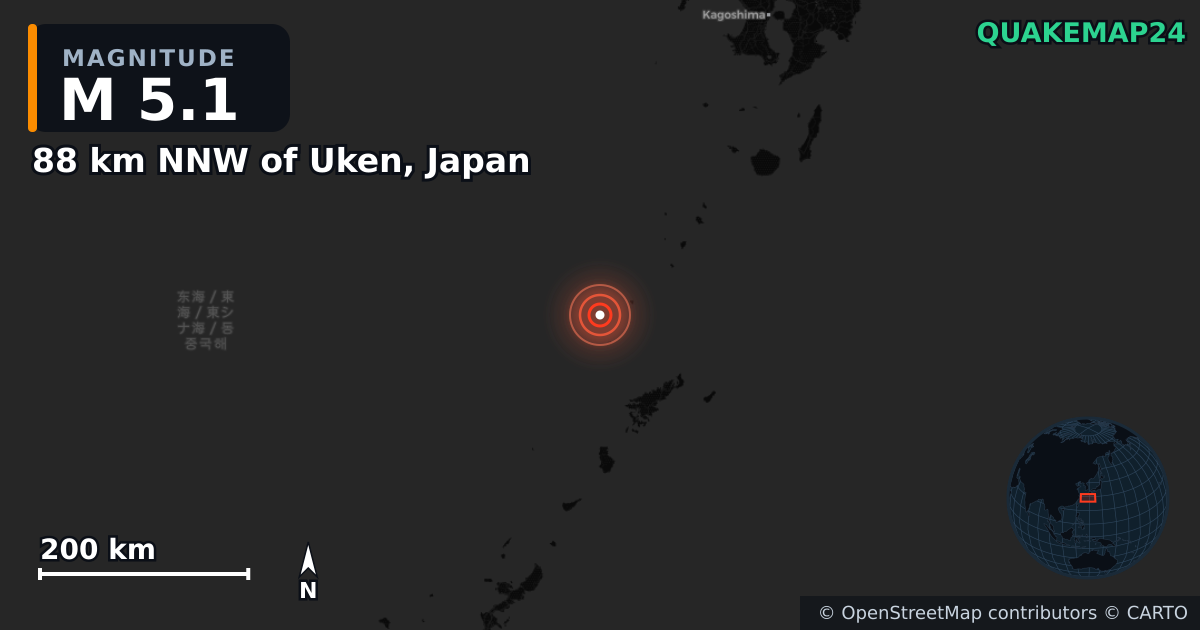 Erdbeben M5,1 bei 88 km NNW of Uken, Japan · 2026-09-22 — Karte der Lage des Epizentrums