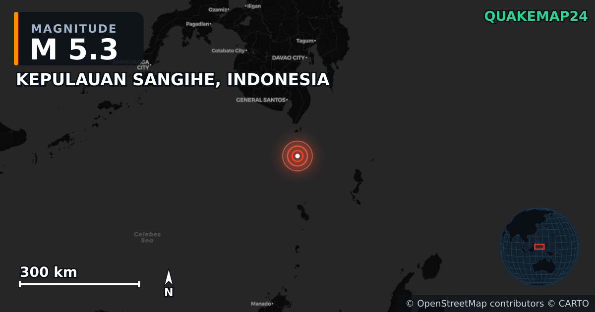 M5.3 earthquake near KEPULAUAN SANGIHE, INDONESIA on Jun 8, 2026 — map of epicenter and shaking intensity | QuakeMap24