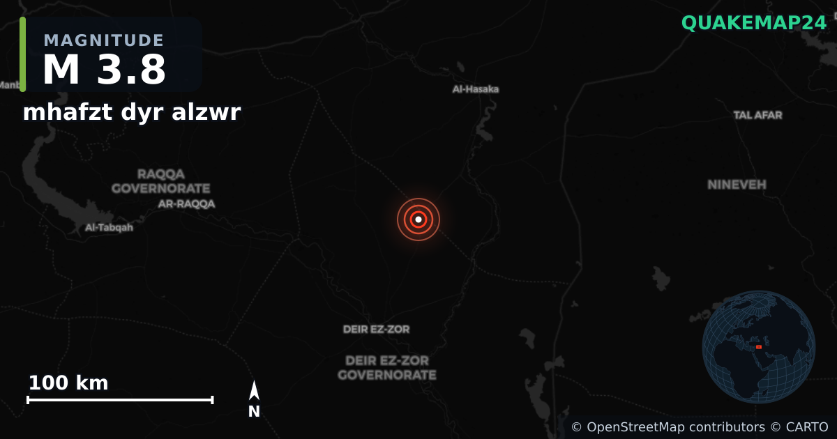 M3.8 earthquake near mhafzt dyr alzwr on Oct 12, 2025 — map of epicenter and shaking intensity | QuakeMap24