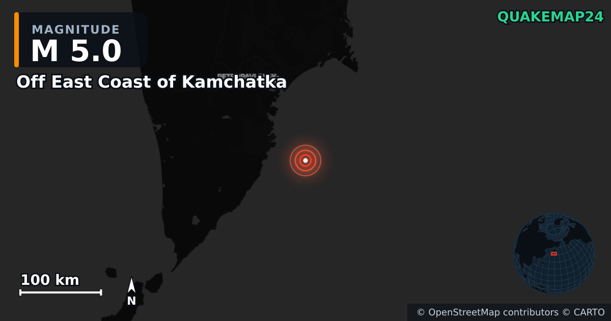 M5.0 earthquake near Off East Coast of Kamchatka on Jul 30, 2025 — map of epicenter and shaking intensity | QuakeMap24