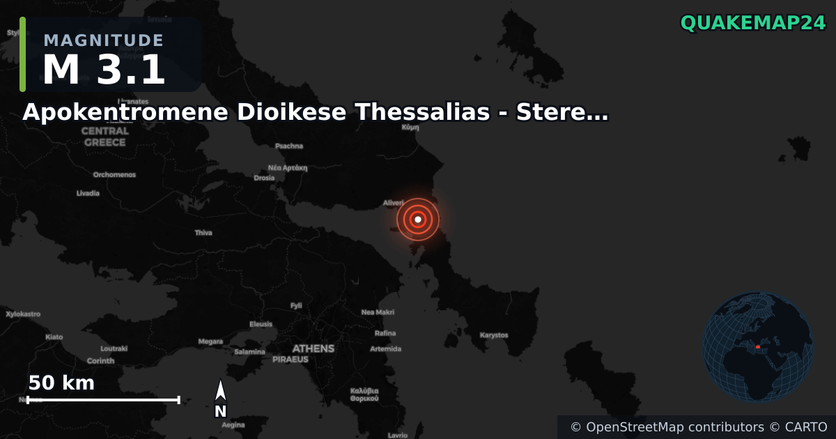 M3.1 earthquake near Apokentromene Dioikese Thessalias - Stereas Ellados on Sep 26, 2025 — map of epicenter and shaking intensity | QuakeMap24