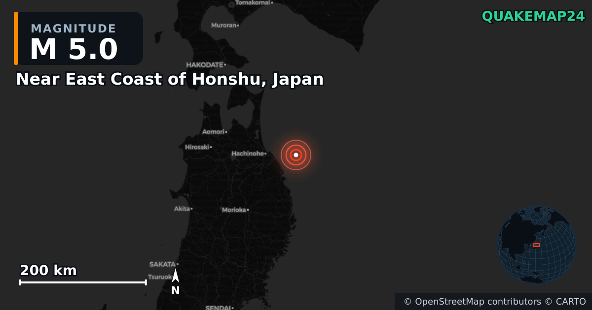 M5.0 earthquake near Near East Coast of Honshu, Japan on Jun 25, 2026 — map of epicenter and shaking intensity | QuakeMap24