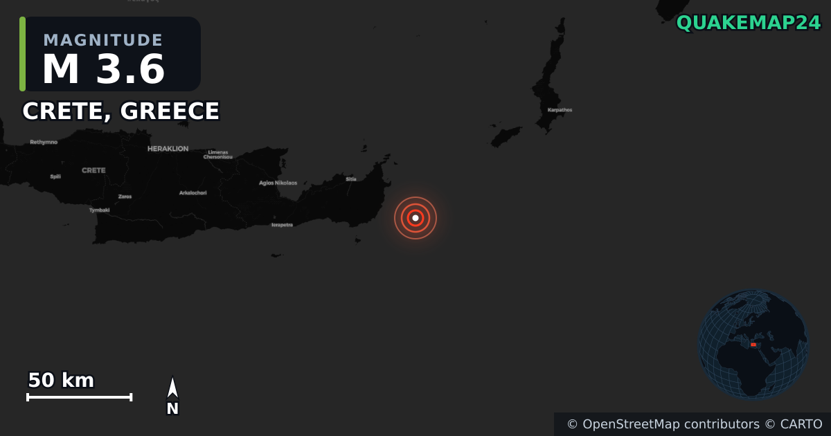 M3.6 earthquake near CRETE, GREECE on Jul 26, 2025 — map of epicenter and shaking intensity | QuakeMap24