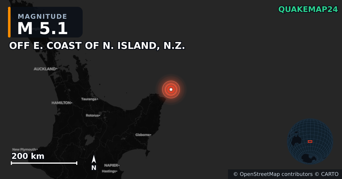 M5.1 earthquake near OFF E. COAST OF N. ISLAND, N.Z. on Sep 6, 2025 — map of epicenter and shaking intensity | QuakeMap24