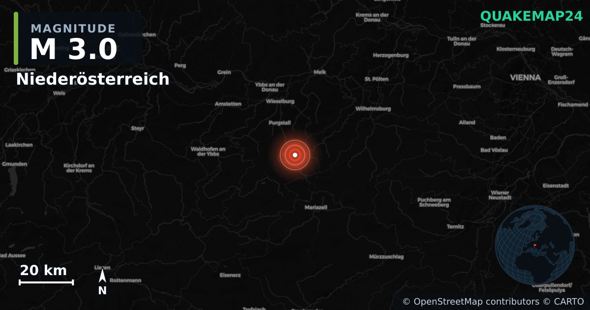 M3.0 earthquake near Niederösterreich on May 1, 2025 — map of epicenter and shaking intensity | QuakeMap24