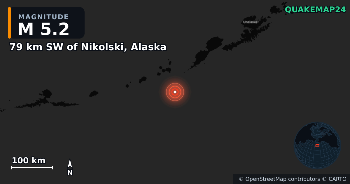 M5.2 earthquake near 79 km SW of Nikolski, Alaska on Sep 6, 2025 — map of epicenter and shaking intensity | QuakeMap24