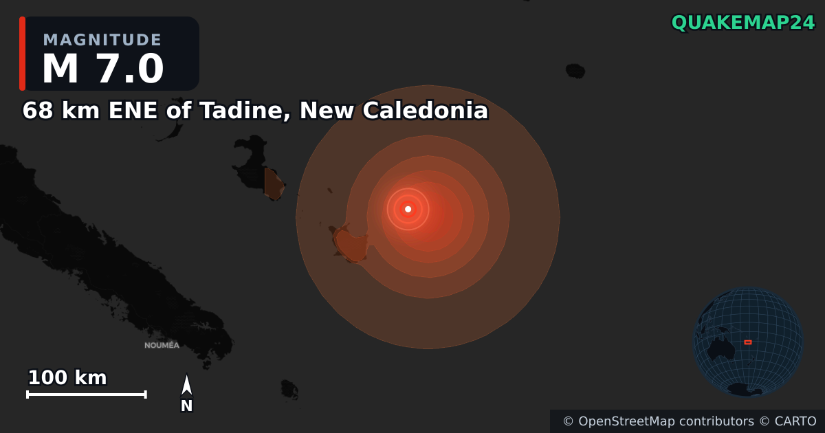 M7.0 Earthquake near 68 km ENE of Tadine, New Caledonia · 2026-09-25 — Map showing the location of the epicenter