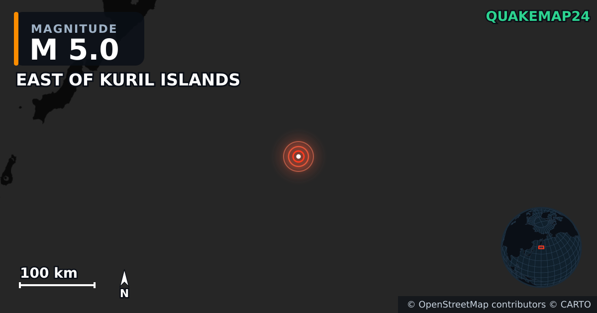 EAST OF KURIL ISLANDS yakınında M5,0 deprem — Deprem merkez üssünün konumunu gösteren harita
