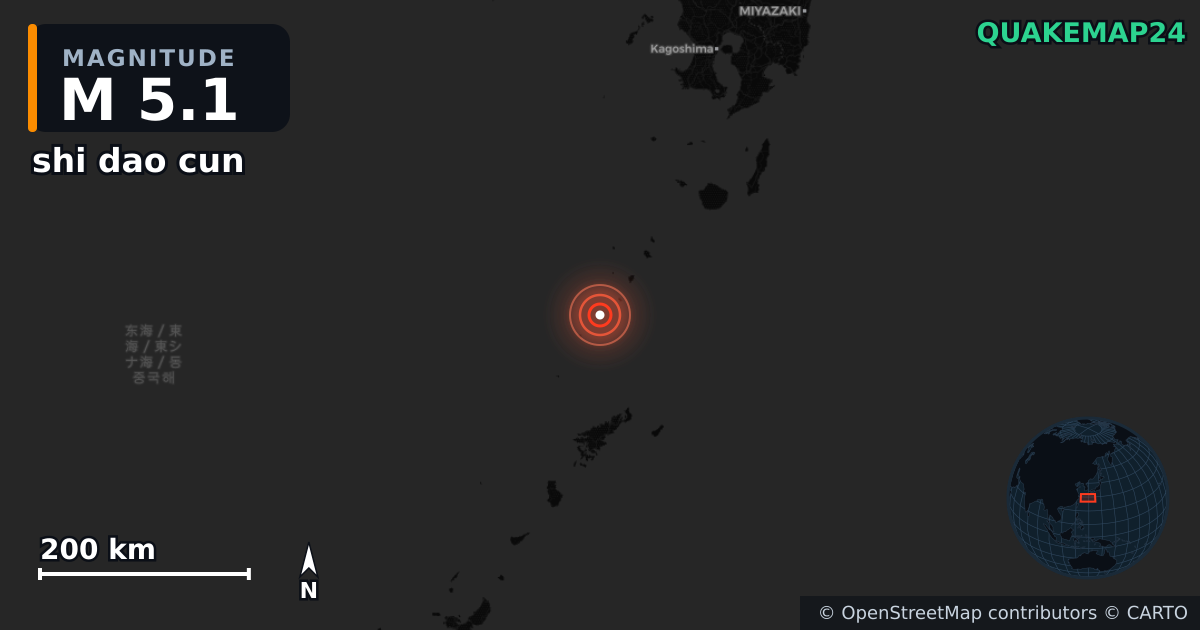 M5.1 earthquake near shi dao cun on Jun 22, 2025 — map of epicenter and shaking intensity | QuakeMap24