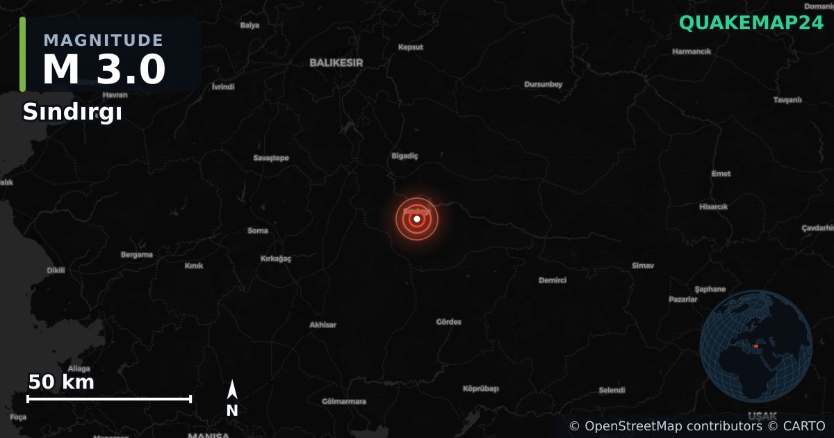 M3.0 earthquake near Sındırgı on Dec 1, 2025 — map of epicenter and shaking intensity | QuakeMap24