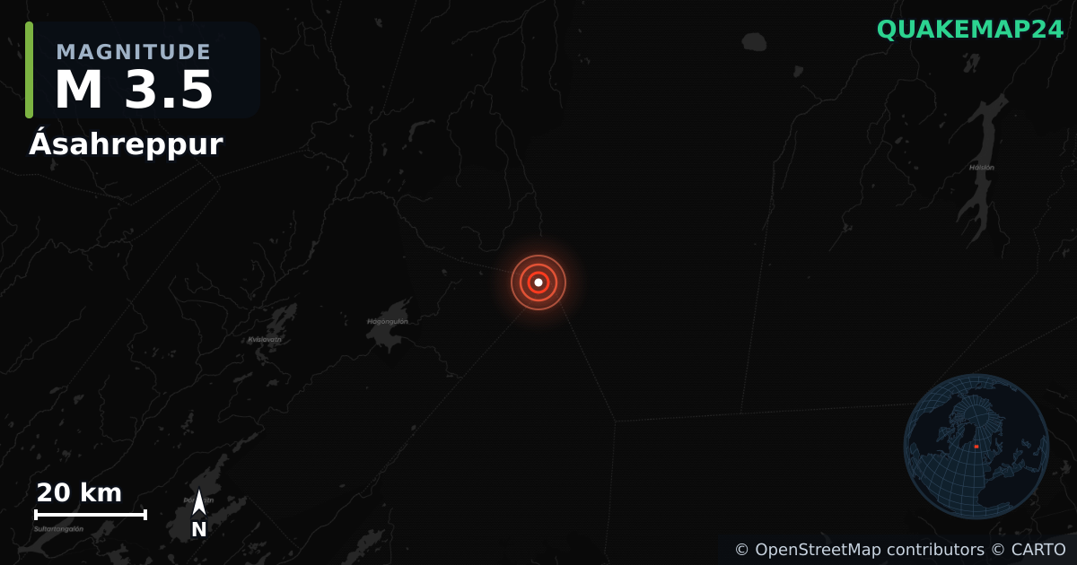 M3.5 earthquake near Ásahreppur on Jun 14, 2026 — map of epicenter and shaking intensity | QuakeMap24