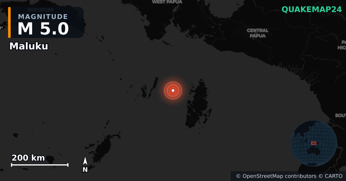 Erdbeben M5,0 bei Maluku (Indonesien) — Karte der Lage des Epizentrums