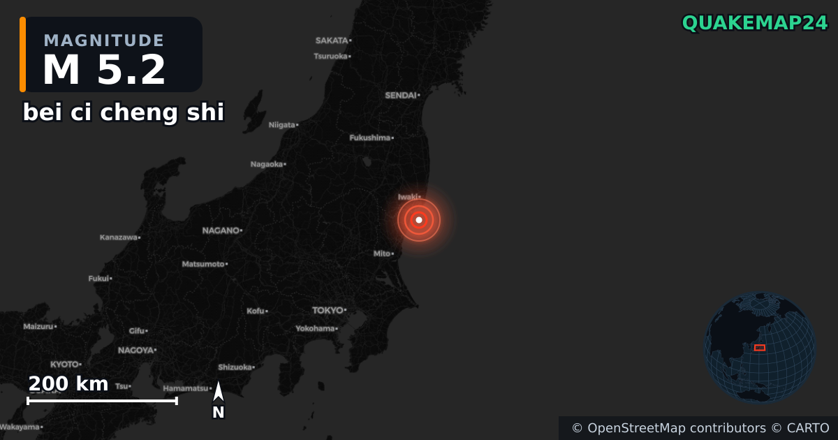 M5.2 earthquake near bei ci cheng shi on Feb 3, 2026 — map of epicenter and shaking intensity | QuakeMap24