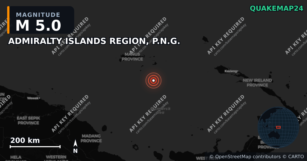 M5.0 earthquake near ADMIRALTY ISLANDS REGION, P.N.G. on May 9, 2026 — map of epicenter and shaking intensity | QuakeMap24