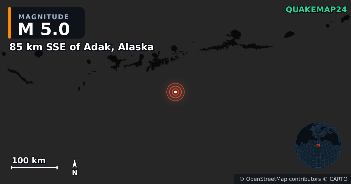 M5.0 earthquake near 85 km SSE of Adak, Alaska on Mar 21, 2025 — map of epicenter and shaking intensity | QuakeMap24