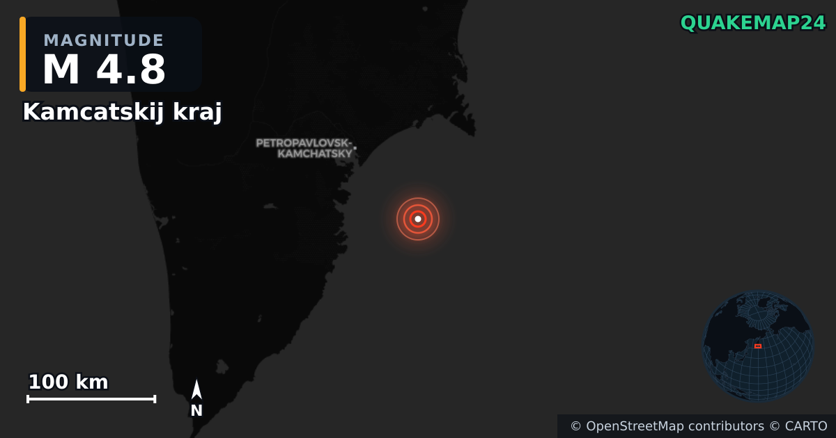 M4.8 earthquake near Kamcatskij kraj on Jul 31, 2025 — map of epicenter and shaking intensity | QuakeMap24