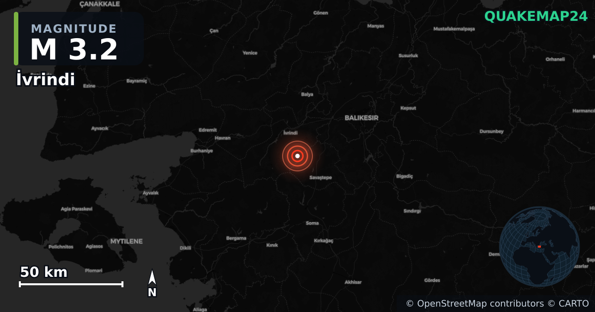 M3.2 earthquake near İvrindi on Jun 30, 2026 — map of epicenter and shaking intensity | QuakeMap24