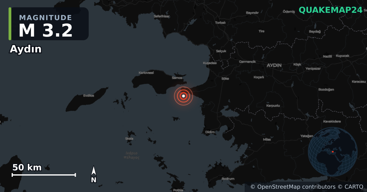 Terremoto de M3,2 cerca de Aydın (Turquía) · 2025-12-16 — Mapa de la ubicación del epicentro