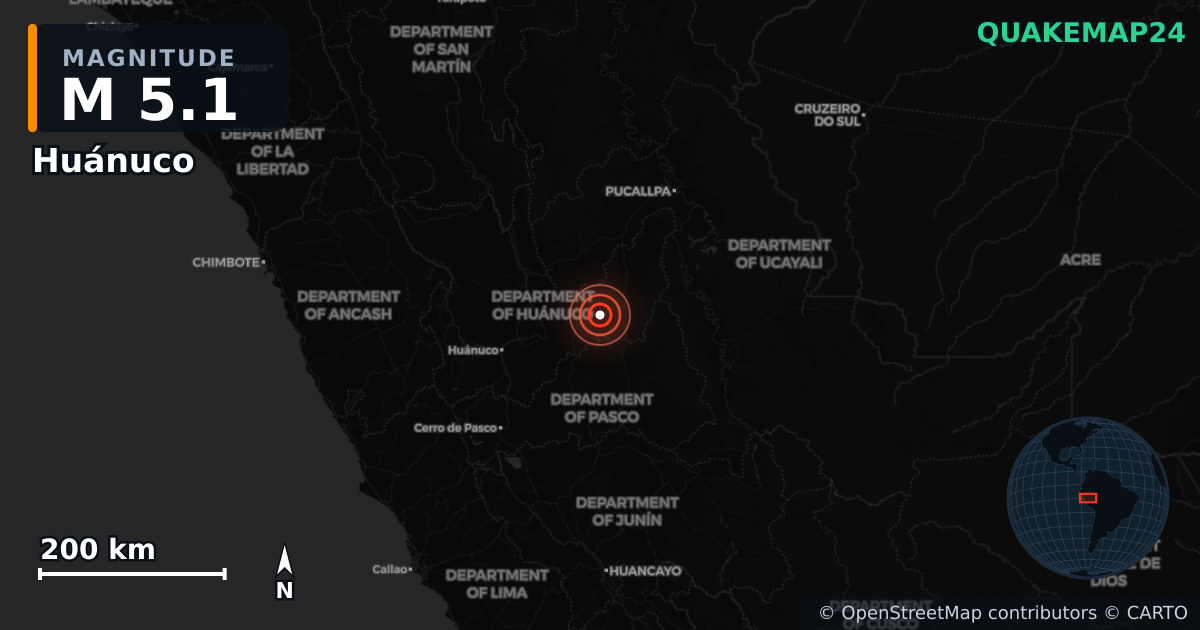 M5.1 earthquake near Huánuco on Dec 1, 2025 — map of epicenter and shaking intensity | QuakeMap24