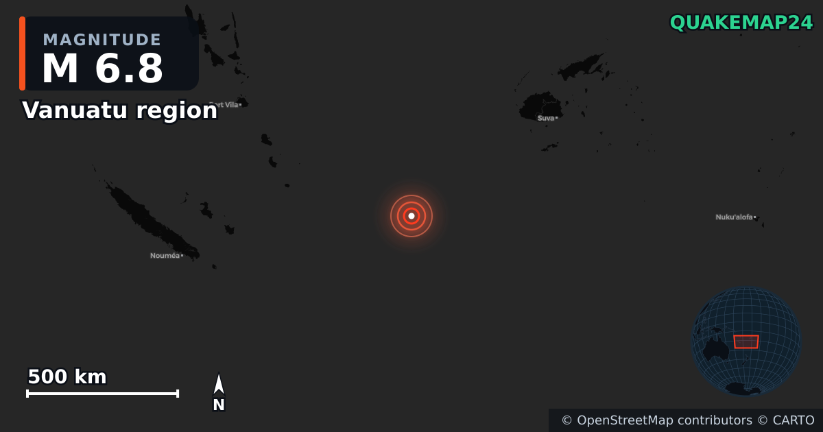 M6.8 Earthquake near Vanuatu region · 2025-09-08 — Map showing the location of the epicenter