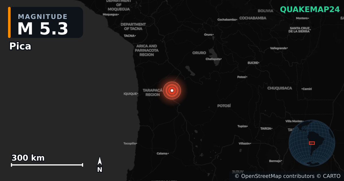 M5.3 earthquake near Pica on Oct 14, 2025 — map of epicenter and shaking intensity | QuakeMap24