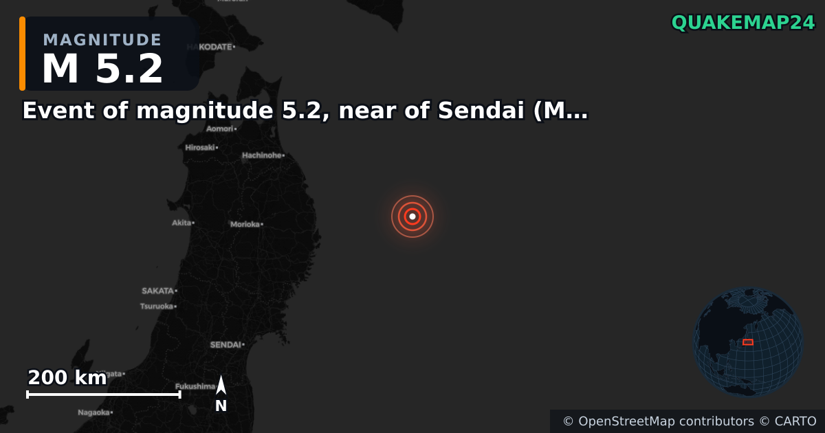 M5.2 earthquake near Event of magnitude 5.2, near of Sendai (Monde) on Dec 14, 2025 — map of epicenter and shaking intensity | QuakeMap24