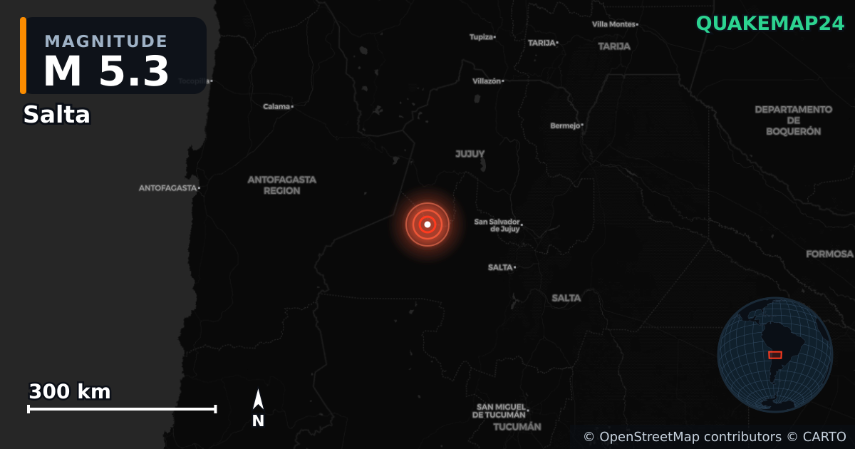 M5.3 earthquake near Salta on Jan 1, 2026 — map of epicenter and shaking intensity | QuakeMap24