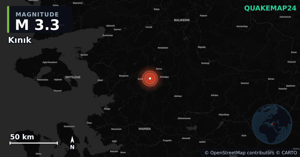 M3.3 earthquake near Kınık on Oct 28, 2025 — map of epicenter and shaking intensity | QuakeMap24