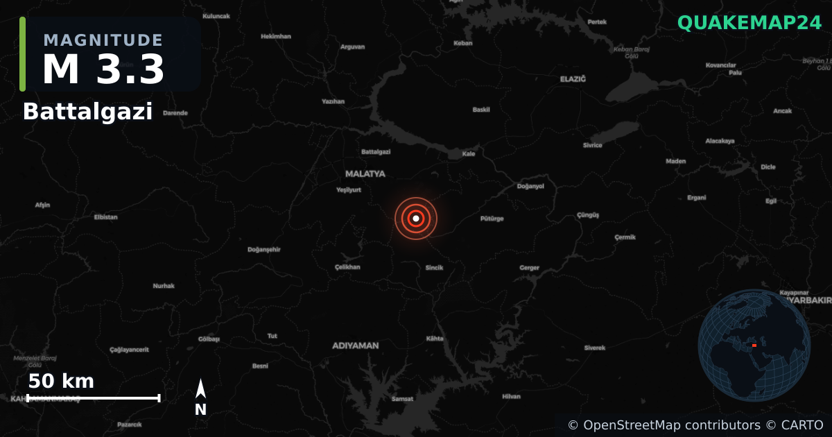 Terremoto de M3,3 cerca de Battalgazi, Malatya (Turquía) · 2026-09-22 — Mapa de la ubicación del epicentro
