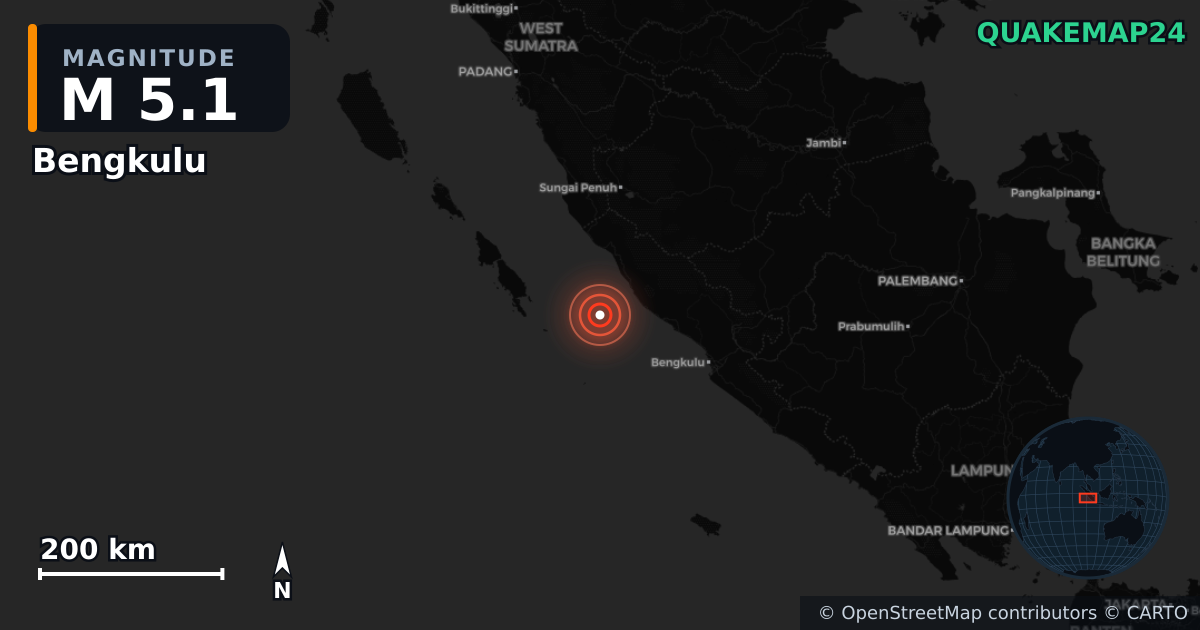 M5.1 earthquake near Bengkulu on Jul 25, 2025 — map of epicenter and shaking intensity | QuakeMap24