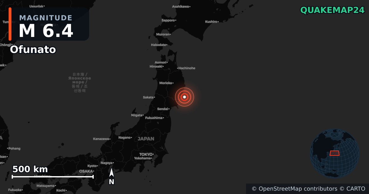 M6.4 earthquake near Ofunato on May 15, 2026 — map of epicenter and shaking intensity | QuakeMap24