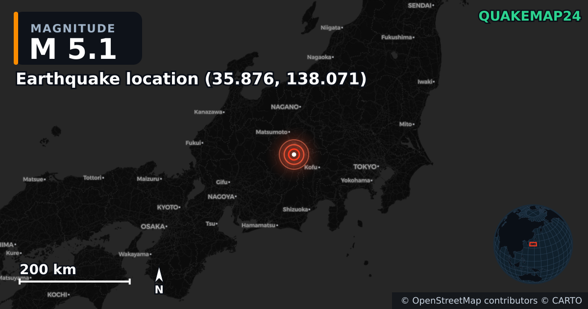 M5.1 earthquake near Τοποθεσία σεισμού (35.876, 138.071) on Apr 18, 2026 — map of epicenter and shaking intensity | QuakeMap24