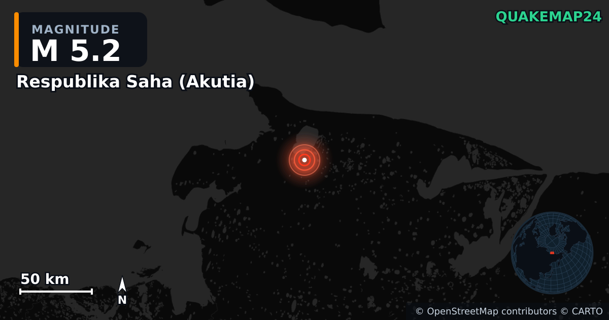 M5.2 earthquake near Respublika Saha (Akutia) on Jun 28, 2025 — map of epicenter and shaking intensity | QuakeMap24