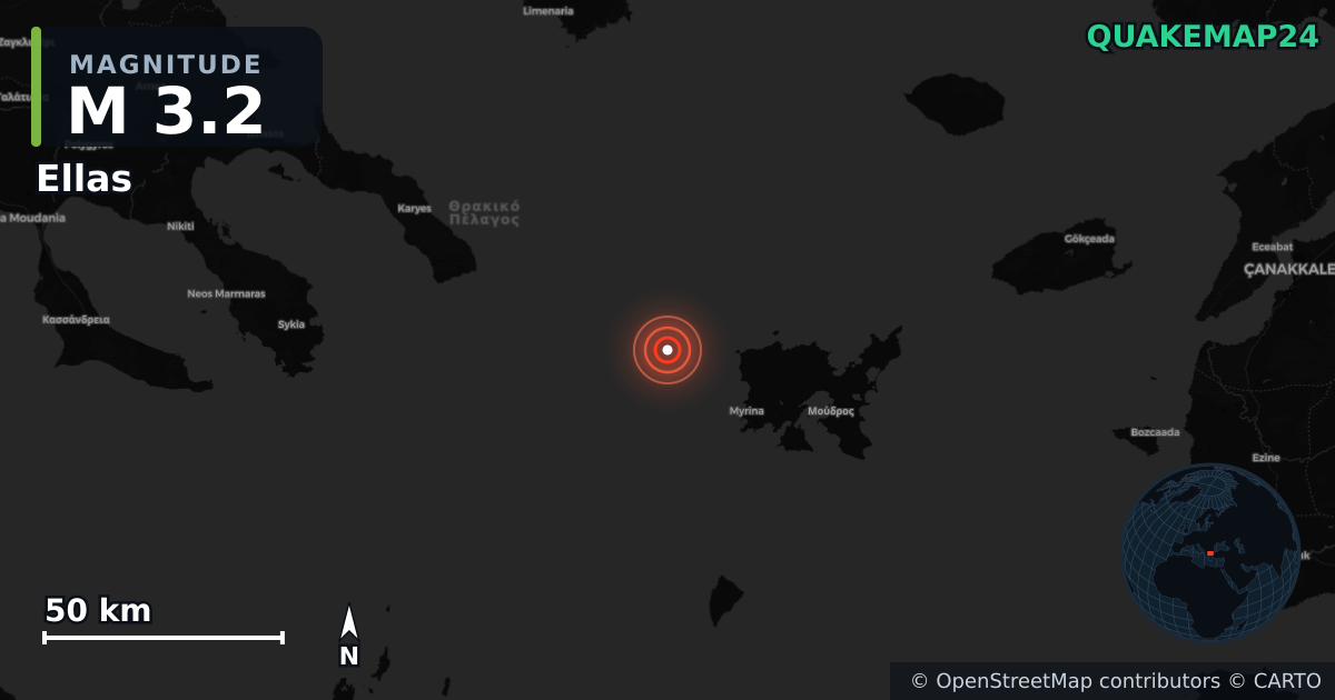 M3.2 earthquake near Ellas on Jan 8, 2026 — map of epicenter and shaking intensity | QuakeMap24