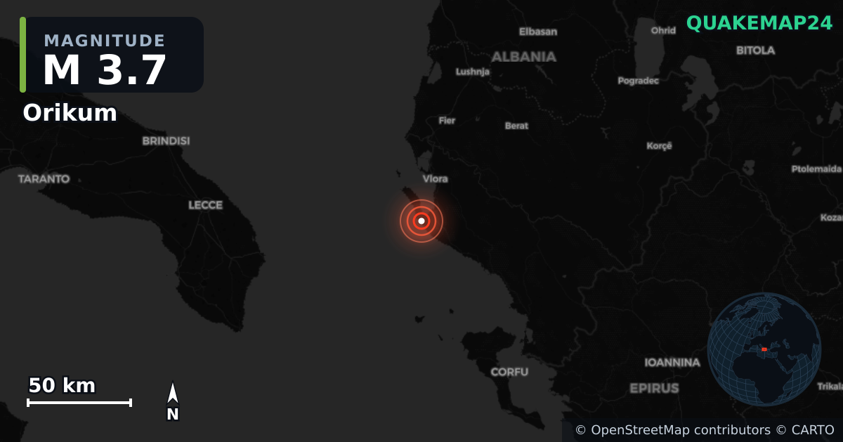 M3.7 earthquake near Orikum on Jun 20, 2026 — map of epicenter and shaking intensity | QuakeMap24
