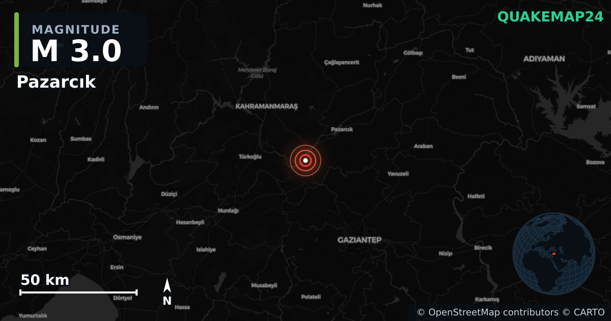 M3.0 earthquake near Pazarcık on Jan 18, 2026 — map of epicenter and shaking intensity | QuakeMap24