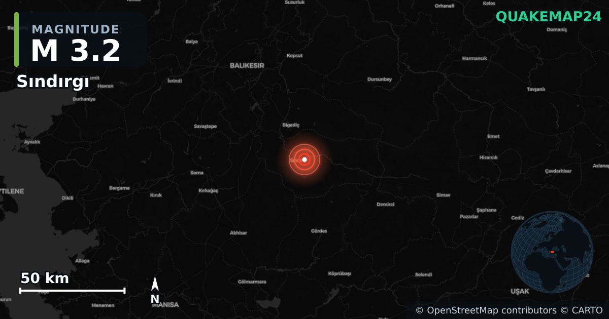 M3.2 earthquake near Sındırgı on Aug 24, 2025 — map of epicenter and shaking intensity | QuakeMap24
