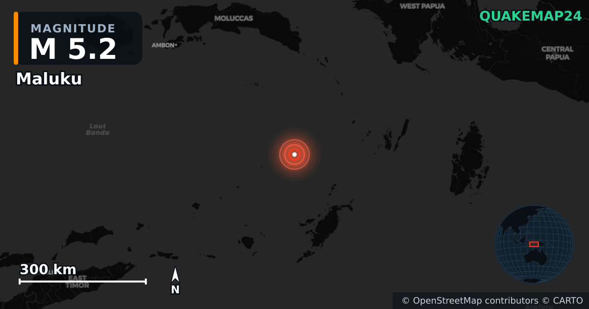 M5.2 earthquake near Maluku on Sep 22, 2025 — map of epicenter and shaking intensity | QuakeMap24