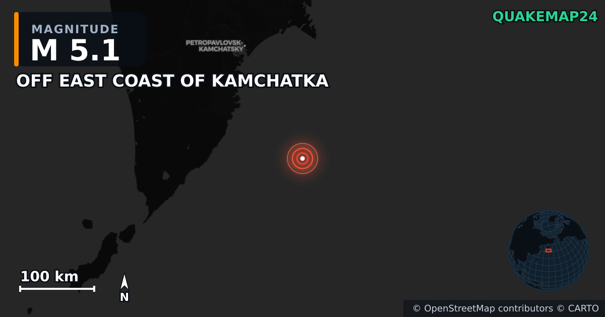 M5.1 earthquake near OFF EAST COAST OF KAMCHATKA on Sep 30, 2025 — map of epicenter and shaking intensity | QuakeMap24