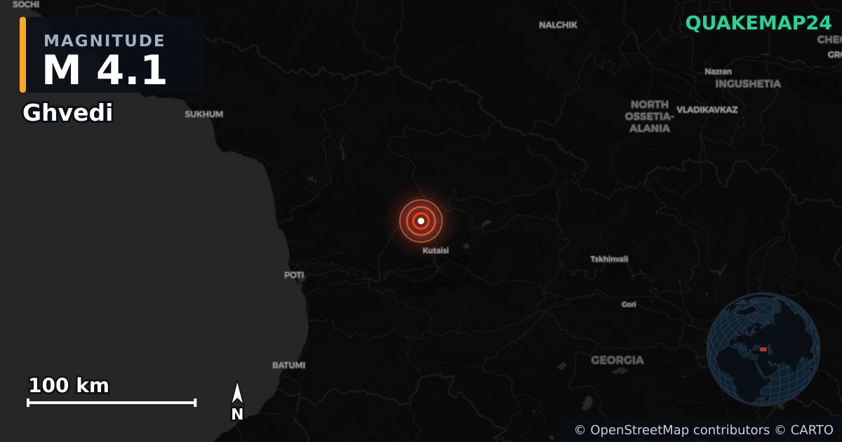 M4.1 earthquake near Ghvedi on Jun 23, 2026 — map of epicenter and shaking intensity | QuakeMap24