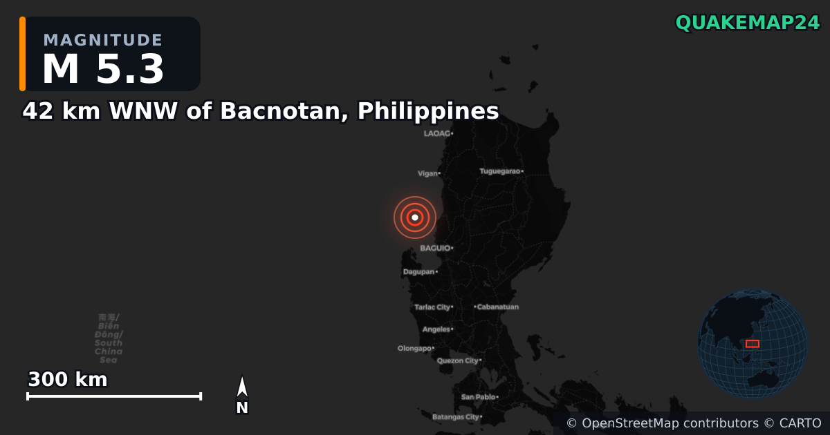 M5.3 earthquake near 42 km WNW of Bacnotan, Philippines on Sep 18, 2025 — map of epicenter and shaking intensity | QuakeMap24