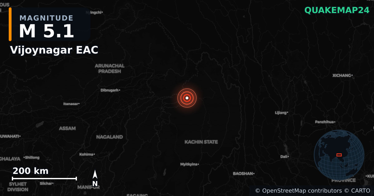 M5.1 earthquake near Vijoynagar EAC on Jan 21, 2026 — map of epicenter and shaking intensity | QuakeMap24
