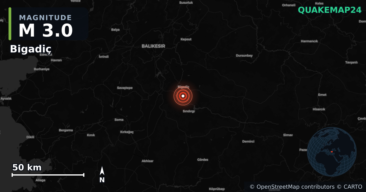 M3.0 earthquake near Bigadiç on Aug 10, 2025 — map of epicenter and shaking intensity | QuakeMap24