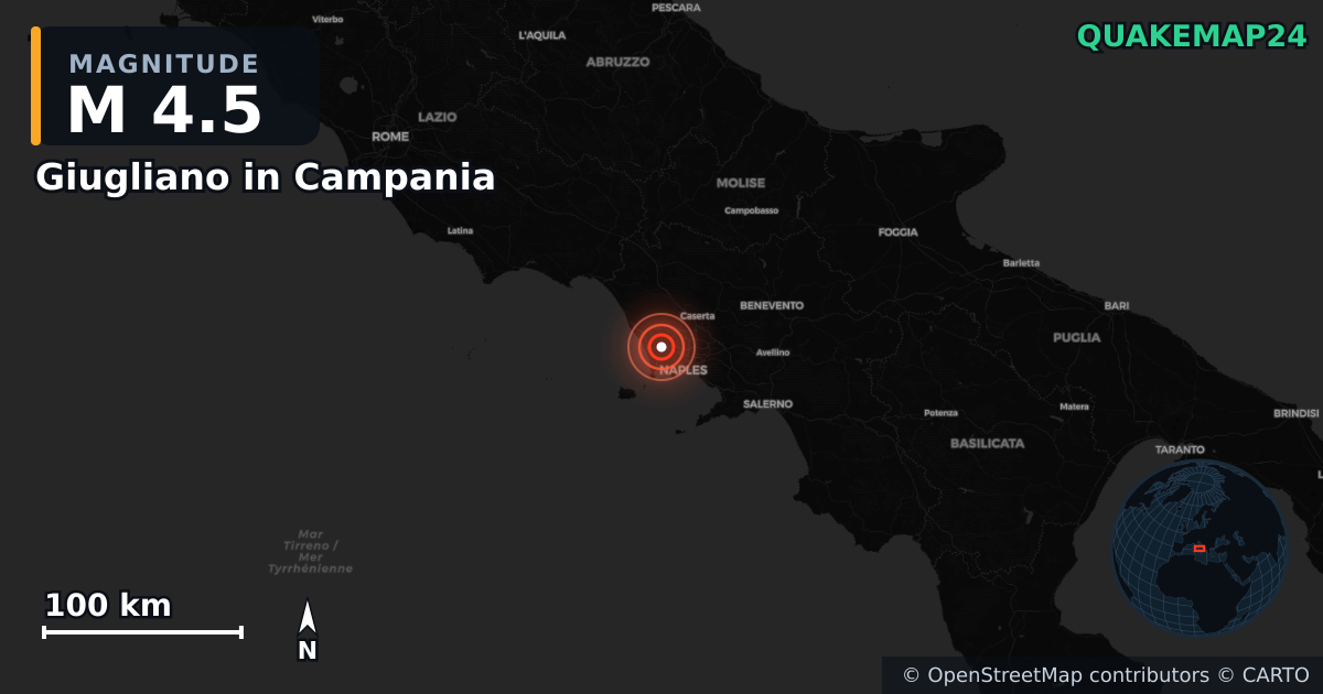 M4.5 earthquake near Giugliano in Campania on Jul 31, 2026 — map of epicenter and shaking intensity | QuakeMap24