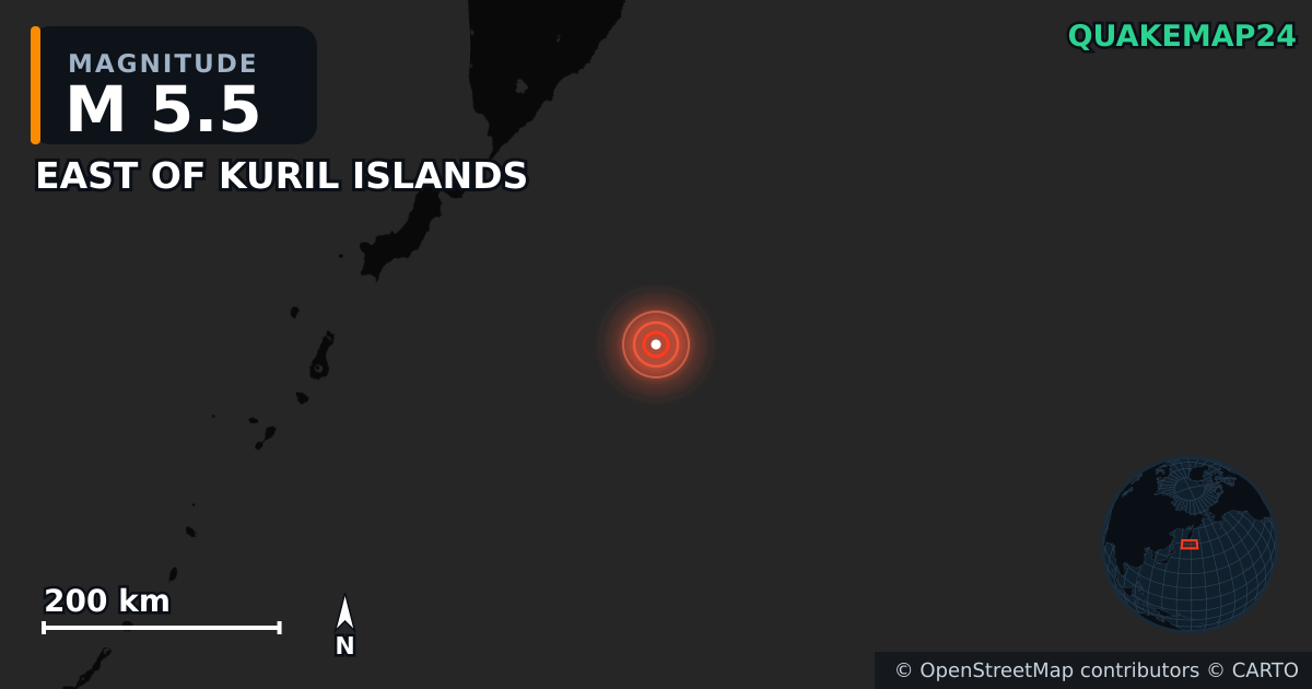 M5.5 earthquake near EAST OF KURIL ISLANDS on Jul 30, 2025 — map of epicenter and shaking intensity | QuakeMap24