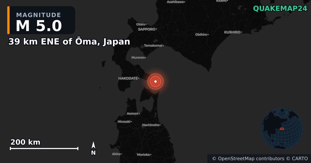 M5.0 earthquake near 39 km ENE of Ōma, Japan on Feb 10, 2025 — map of epicenter and shaking intensity | QuakeMap24