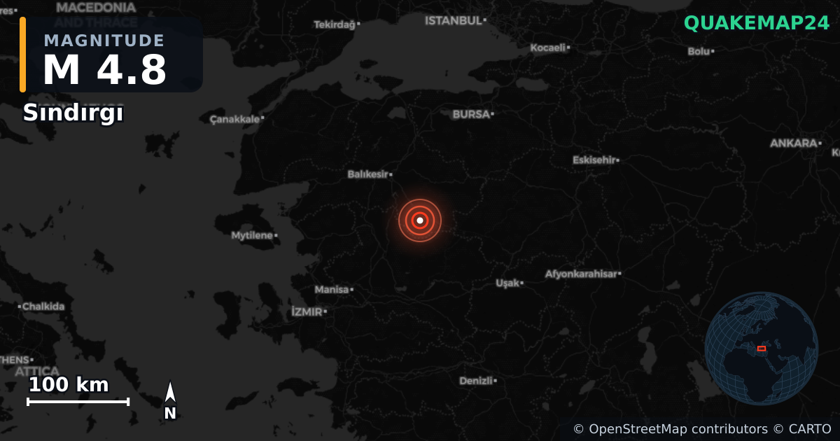 M4.8 earthquake near Sındırgı on Sep 21, 2025 — map of epicenter and shaking intensity | QuakeMap24