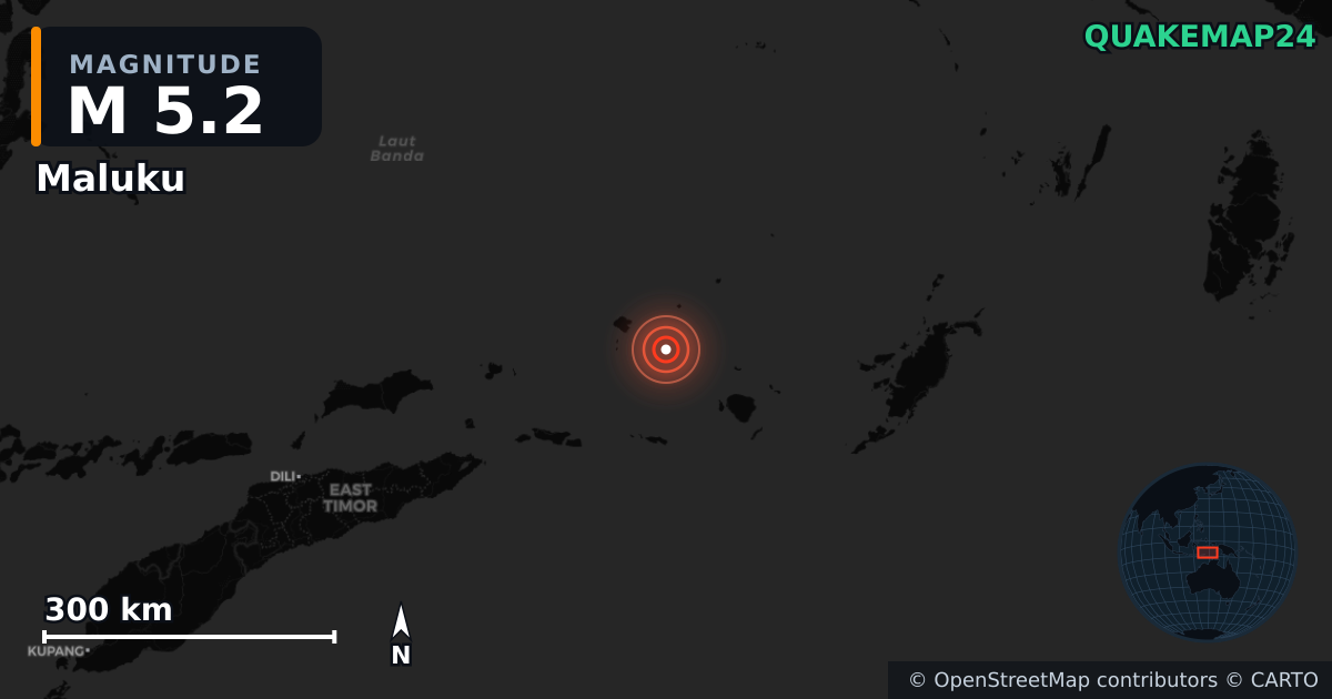 M5.2 earthquake near Maluku on May 9, 2025 — map of epicenter and shaking intensity | QuakeMap24