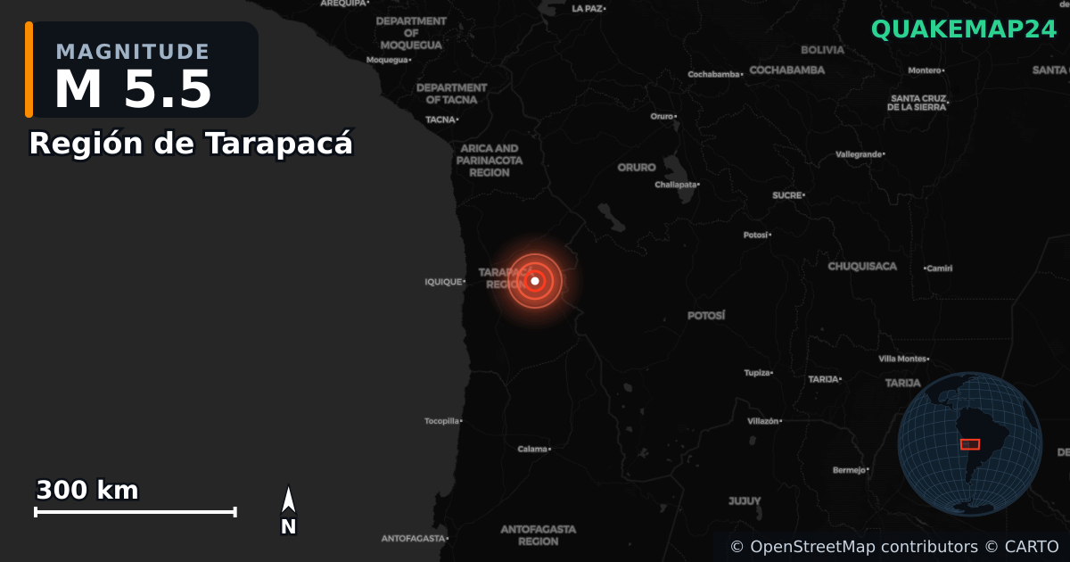 M5.5 earthquake near Región de Tarapacá on Sep 19, 2025 — map of epicenter and shaking intensity | QuakeMap24